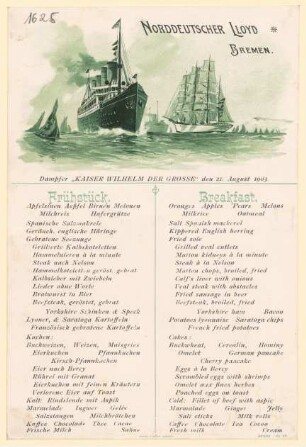 Menükarte : Frühstück, Dampfer "Kaiser Wilhelm der Große"