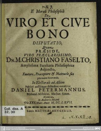Ex morali philosophia de viro et cive bono disputatio