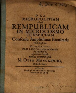 Micropolitiam id est Rempublicam In Microcosmo Conspicuam