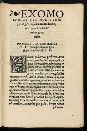 Exomologesis Sive Modus Confitendi, per Erasmum Roterodamum, opus nunc primum et natum et ex cusam.