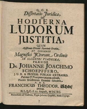 Dissertatio Iuridica, De Hodierna Ludorum Iustitia