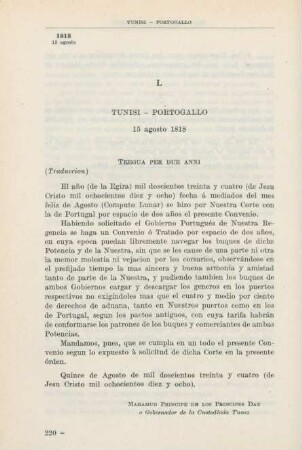 L Tunisi - Portogallo 15 agosto 1818