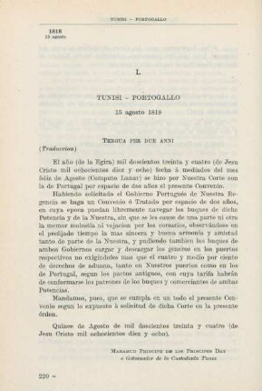 L Tunisi - Portogallo 15 agosto 1818