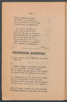 Despedida amorosa : A mis amigos José Martínez y Carlos Figueroa.
