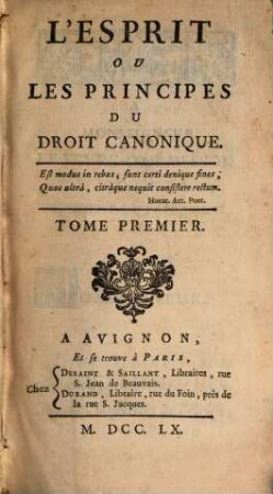 L' Esprit Ou Les Principes Du Droit Canonique. 1