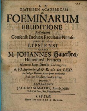 Diatriben academicam de foeminarum eruditione posteriorem