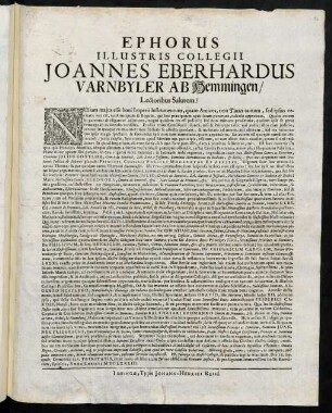 Ephorus Illustris Collegii Joannes Eberhardus Varnbyler Ab Hemmingen, Lectoribus Salutem!