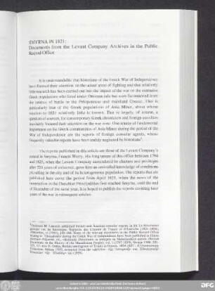 Smyrna In 1821: Documents from the Levant Company Archives in the Public Record Office