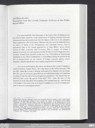 Smyrna In 1821: Documents from the Levant Company Archives in the Public Record Office