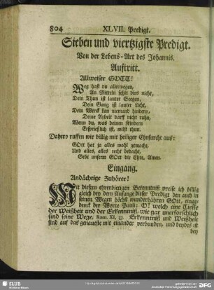 Sieben und viertzigste Predigt. Von der Lebens-Art des Johannis