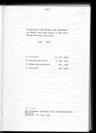 Einwohnerverzeichnis 1623