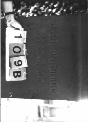 Grabstein 109 (Index: 99609745) Material: Sandstein Zustand: teilweise stark verwittert Maße HxBxT: 207x72x31 cm Beschreibung: Stele, Abdeckplatte, Giebelaufsatz, Verdachung, Mittelerhöhung mit Palmettenaufsatz, Schriftfeld rechteckig eingetieft, getreppter Sockel Symbolik: Palmette: Grabstein 109B
