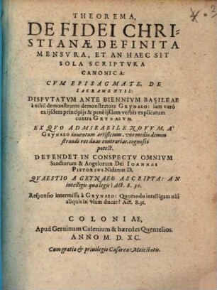 Theorema de fidei christianae definita mensura, et an haec sit sola scriptura canonica : cum episagmate, de sacramentis