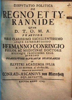 Dispvtatio Politica De Regno Et Tyrannide