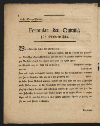 Formular der Quittung für Einheimische