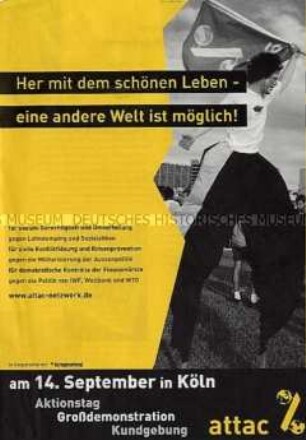 Propagandaschrift der Aktionsgruppe attac gegen die Globalisierung mit Aufruf zu einer Großkundgebung in Köln