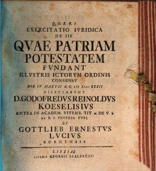 Exercitatio Iuridica De Iis, Quae Patriam Potestatem Fundant