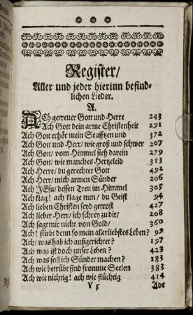 Register/ Aller und jeder hierinn befindlichen Lieder.