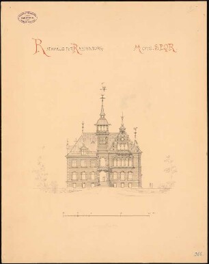 Rathaus, Rastenburg Monatskonkurrenz Juni 1884 (nicht die Originalzeichnung): Aufriss Vorderansicht 1:150