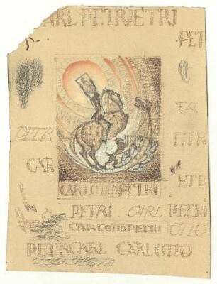 Exlibrisentwurf für Carl Otto Petri : Reiter auf steigendem Pferd hält ein Bild vor eine stilisierte Sonne, neben dem Pferd ein Hund, beide scheuen vor einem Drachen; zahlreiche Kalligrafiestudien zum Namen