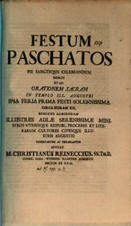 Festum paschatos pie sancteque celebrandum indicit ... invitat M. Christianus Reineccius : [commentatus ad Psalmi 110 v. 7]