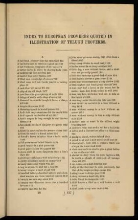 137-147, Index to European proverbs quoted in illustration of Telugu proverbs