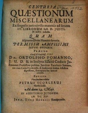 Centuria Quaestionum Miscellanearum Ex singulis iuris civilis materiis ...