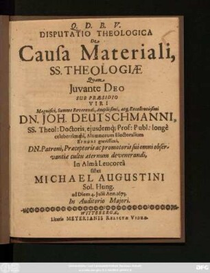 Disputatio Theologica De Causa Materiali