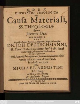 Disputatio Theologica De Causa Materiali