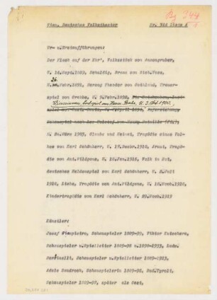 Deutsches Volkstheater, Wien: Schriftstück zum Fragebogen für das Handbuch »Das Deutsche Theater« zweiseitiges Dokument