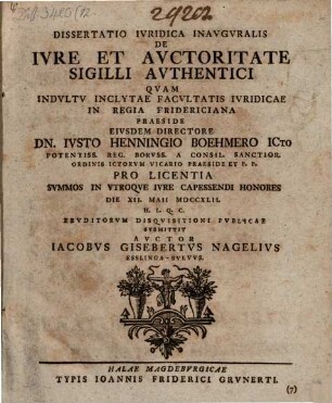 Diss. iur. inaug. de iure et auctoritate sigilli authentici