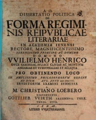 Diss. polit. de forma regiminis reipublicae literariae
