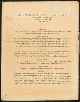 Satzspiegelvariante für das Handbuch "Das Deutsche Theater" Deutsches Nationaltheater, Weimar: Baudaten, Längsschnitt und Grundriss (Vorschlag II), mehrseitiges Dokument