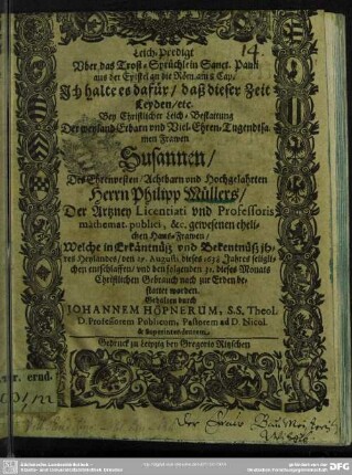 Leich-Predigt ... bey christlicher Leich-Bestattung der ... Frawen Susannen, des ... Philipp Müllers ... gewesenen Haus-Frawen