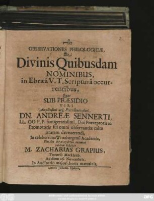 Observationes Philologicae, De Divinis Quibusdam Nominibus in Ebraea V.T. Scriptura occurentibus