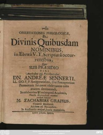 Observationes Philologicae, De Divinis Quibusdam Nominibus in Ebraea V.T. Scriptura occurentibus