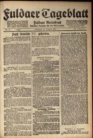 Erste Ausgabe vom Samstag, den 21. Januar 1922.