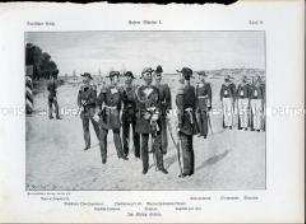 Uniformdarstellung, Gemeine, Offiziere, Kapitänleutnant, Admiral, Unterleutnant, Matrosen und Kapitän der Marine, Deutsches Kaiserreich, 1910/1912. Tafel 9 aus: Knötel: Deutsches Reich, Unsere Marine I.