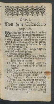 Cap. I. Von dem Calendario perpetuo.