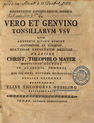 Dissertatio Physiologico Medica De Vero Et Genvino Tonsillarvm Vsv