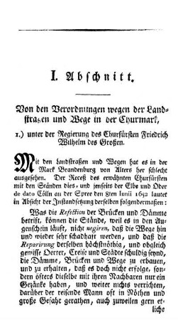 I. Abschnitt. Von den Verordnungen wegen der Landstraßen und Wege in der Churmark, [...]
