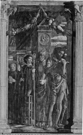 Pala di San Zeno — Die heilige Benedikt, Laurentius, Gregor von Nazianz und Johannes der Täufer