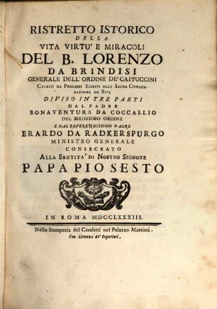Ristretto istorico della Vita ... da B. Lorenzo da Brindisi