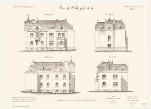 Kadettenhaus, Oranienstein: Dienstwohngebäude III: Aufriss Nordansicht, Südansicht, Ostansicht, Westansicht 1:100
