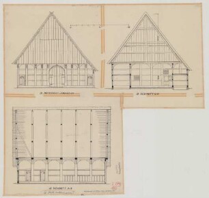 Lothe (Kreis Detmold): Hof Dilkemeier. Haupthaus (Nordostansicht, Schnitte)