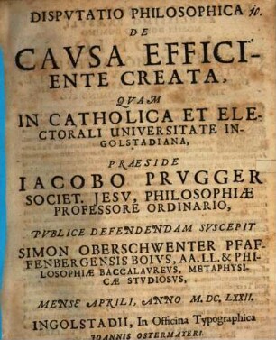 Dispvtatio Philosophica De Cavsa Efficiente Creata
