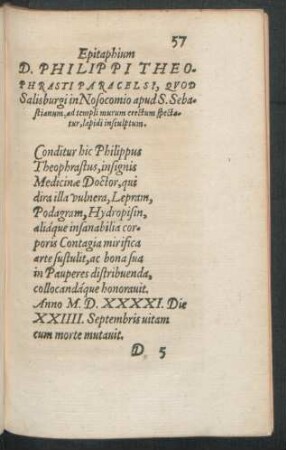 Epitaphium D. Philippi Theophrasti Paracelsi ...