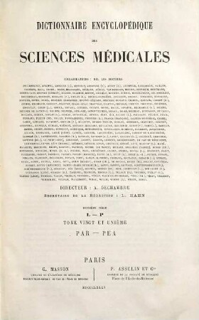 Dictionnaire encyclopédique des sciences médicales, 2,21. Par - Pea
