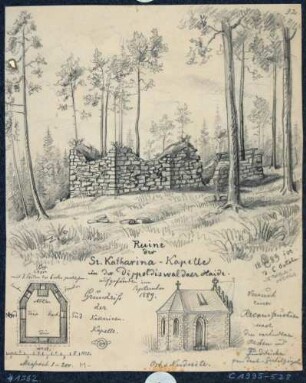 Die Mauerreste der Katharinenkapelle beim Einsiedlerstein in der Dippoldiswalder Heide mit einem Grundriss und einem Rekonstruktionsversuch der Kapelle