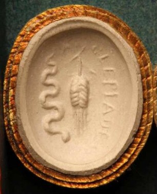 Das Symbol des Äskulap (Asklepios) und der Ceres (Demeter), mit dem Namen Asklepiades (Daktyliothek, Supplement)